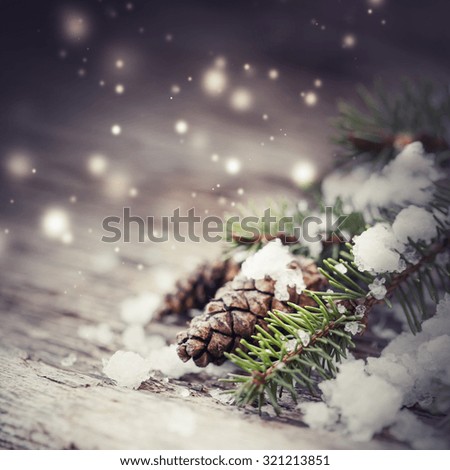 Christmas fir tree with cones and snow on a wooden background, selective focus