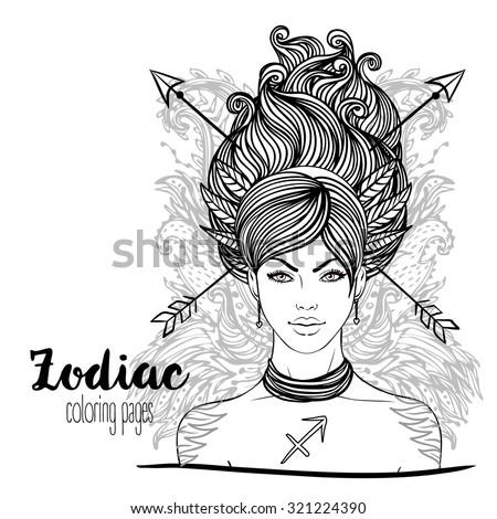 Zodiac: Sagittarius zodiac sign as a beautiful girl. Vector zodiac illustration. Black and white drawing isolated on white. Design for zodiac coloring book page for adults and kids.