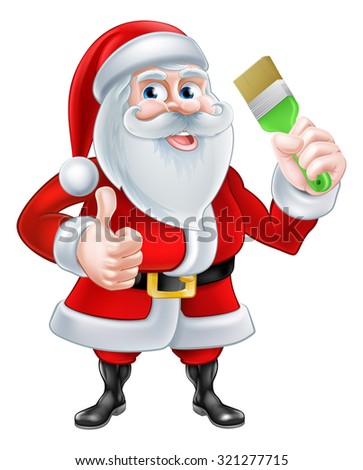 A Christmas cartoon illustration of Santa Claus holding a paintbrush and giving a thumbs up