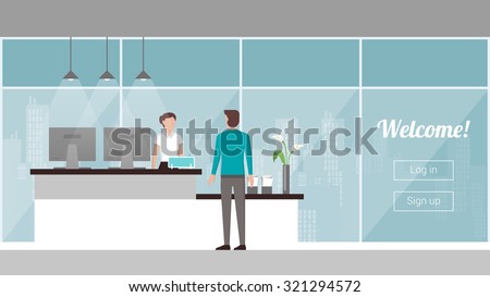 Customer at the reception, a female receptionist is welcoming and registering him, windows and city skyline on background Royalty-Free Stock Photo #321294572