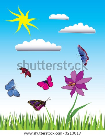 Vector illustration of flying butterflies in green meadow.