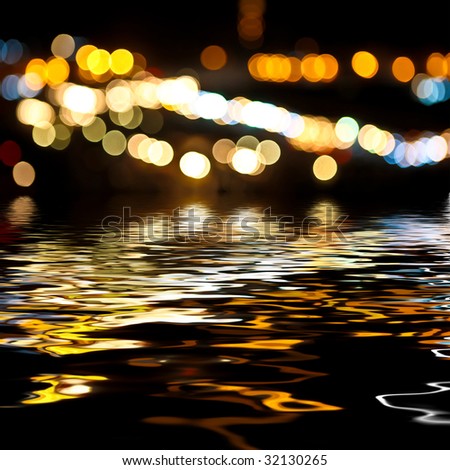 Bright city bokeh background with rendered water waves