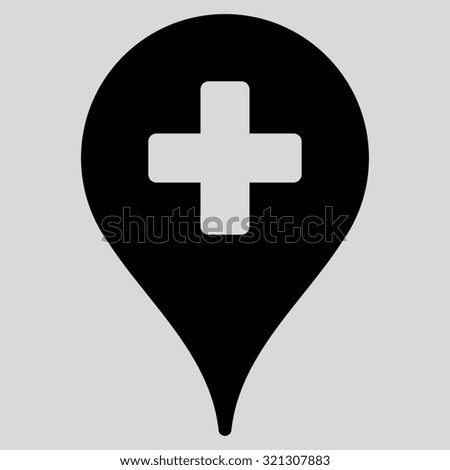 Clinic Map Pointer raster icon. Style is flat symbol, black color, rounded angles, light gray background.