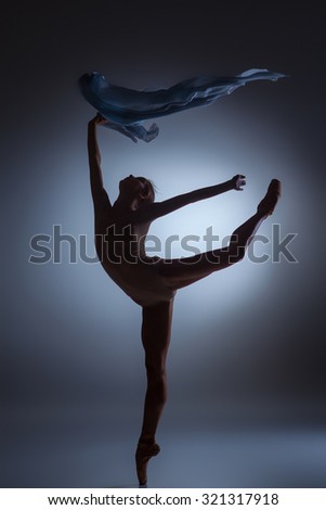 The silhouette of beautiful ballerina dancing with veil on  dark blue background
