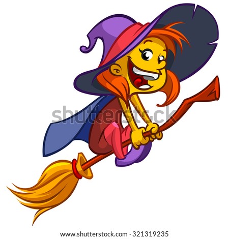 Halloween cute little witch flying on her broom isolated on white background. Vector illustration of a smiling girl in a witch costume