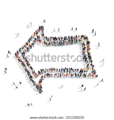 A group of people in the shape of an arrow pointing, cartoon, isolated, white background.