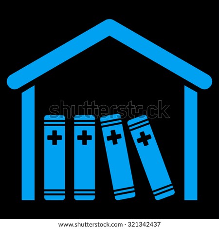Medical Library raster icon. Style is flat symbol, blue color, rounded angles, black background.