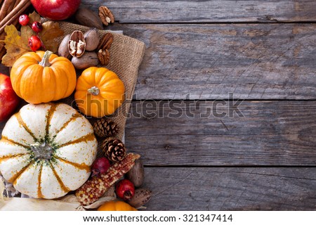 Pumpkins, nuts, indian corn and apples on a rustic table overhead corner frame with empty space Royalty-Free Stock Photo #321347414