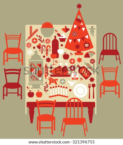 Composition with Christmas dinner table, festive food and Christmas tree.
