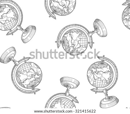  Sketch globe isolated on white background. Back to School doodle seamless pattern. Line art cartoon Earth Globe. Design element for wallpapers, web site background, wrapping paper, scrap-booking etc.