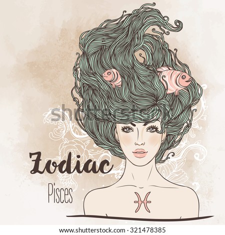 Zodiac: Illustration of Pisces zodiac sign as a beautiful girl. Vector zodiac.  Vintage boho style fashion illustration. Design for zodiac coloring book page for adults and kids.