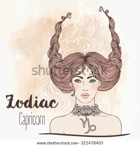 Zodiac: Illustration of Capricorn zodiac sign as beautiful girl isolated on white. Vector zodiac art.  Vintage boho style fashion illustration.Design for zodiac coloring book page for adults and kids