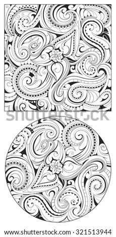 Ethnic ornament with paisley elements and mehndi floral swirls. Coloring book with empty areas to fill including square and circle templates