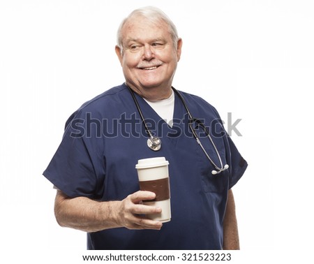 Doctor or nurse holding coffee cup on white background.