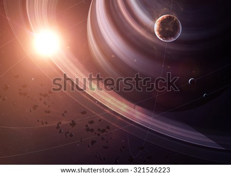 The Saturn with moons shot from space showing all they beauty. Extremely detailed image, including elements furnished by NASA. Other orientations and planets available.