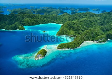 Beautiful view of Palau tropical islands and Pacific ocean from above Royalty-Free Stock Photo #321543590
