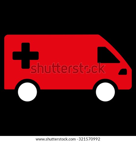 Emergency Van vector icon. Style is bicolor flat symbol, red and white colors, rounded angles, black background.