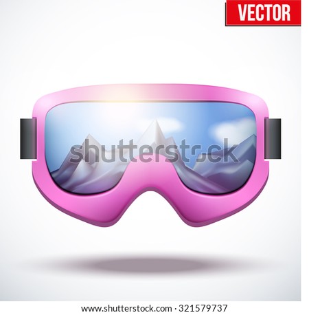 Classic vintage old school pink snowboard goggles with glass reflecting the winter mountains. Vector isolated on white background