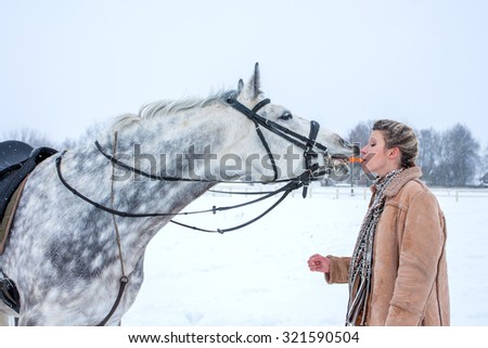 girl riding a horse on a winter walk in the snow