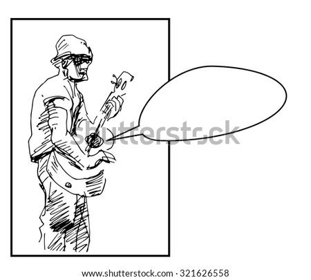 Jazz musician with guitar; comic book person with text bubble