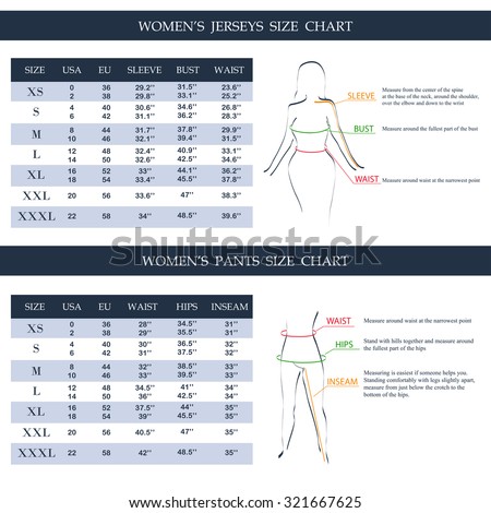 women's jerseys and pants size chart  / measurements for clothing / models template with international and confection sizes