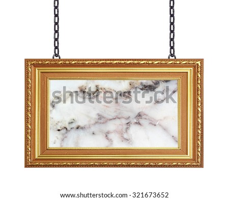 Gold frame marble signboard hanging a chain isolated on white backgroundage photo frame on marble stone wall background
