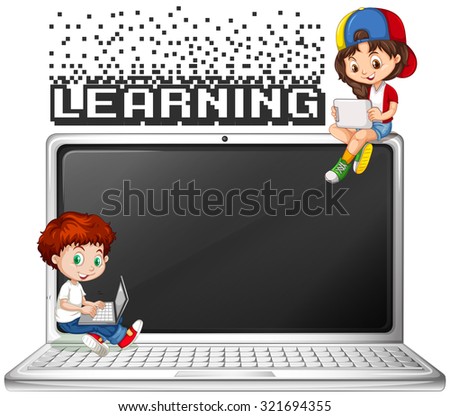 Boy and girl using computer illustration