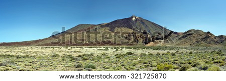 Panorama of Teide Mount and Los Roques in Teide National Park, seen from South part of cauldron, Tenerife Island, Canary, Spain