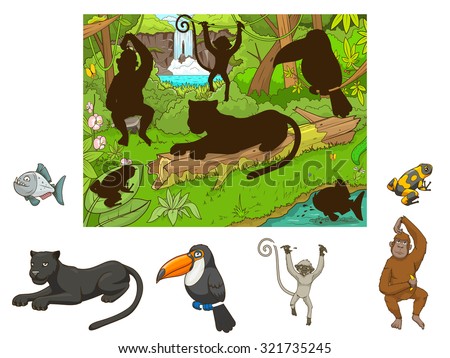Jungle cartoon educational game find animal vector illustration
