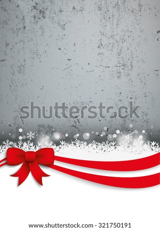 Christmas card with red ribbon, snow, stars and concrete wall. Eps 10 vector file.