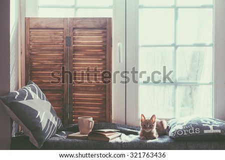 Warm and cozy window seat with cushions and a opened book, light through vintage shutters, rustic style home decor. Royalty-Free Stock Photo #321763436