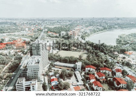 Retro Photo Of Bucharest City Aerial Skyline View