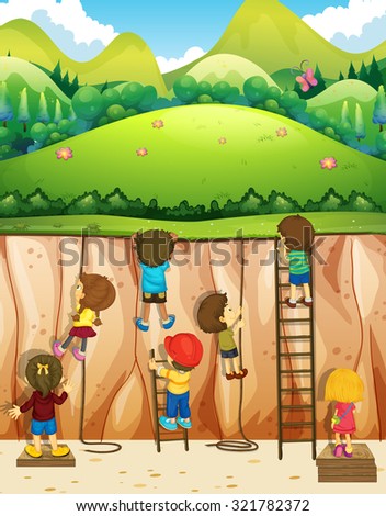 Children climbing up the cliff illustration