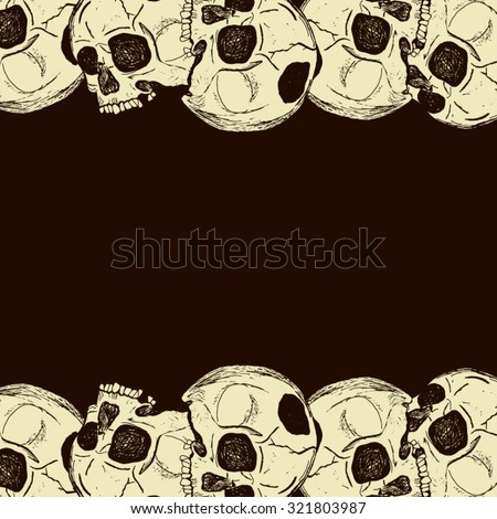A pile of skulls without the jaw, framing a postcard from the top and bottom, forming a place for the text. All isolated.