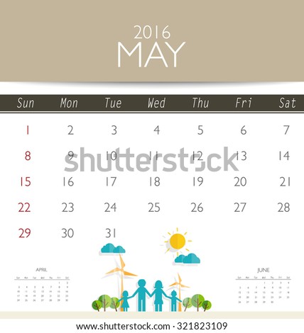 2016 calendar, monthly calendar template for May. Vector illustration.