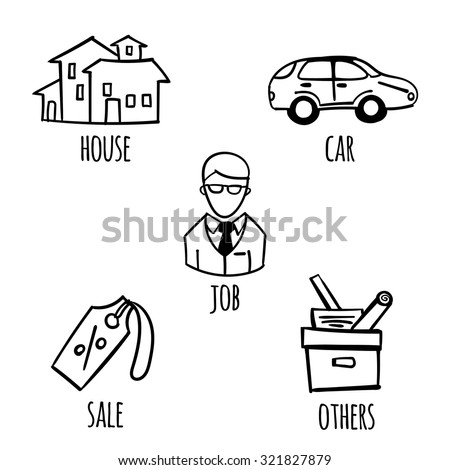 Hand drawn set of web site ready vector icons: car, house, job, sale, others. Minimalistic cute signs collection.