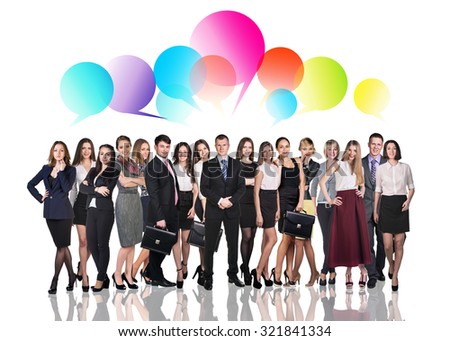 Business people talking with dialog bubbles over white background