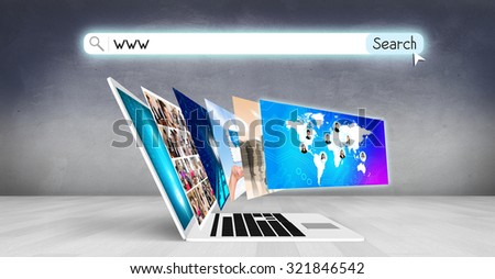 Laptop with many screens stand on the floor.Elements of this image furnished by NASA