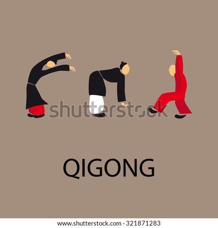Men doing qi gong tai chi exercise. Vector illustration eps10. Flat disign.