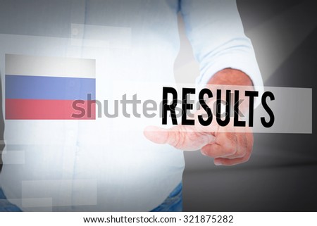 The word results and man pointing something with his finger against abstract white room