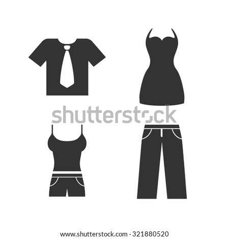 Clothes icons. T-shirt with business tie and pants signs. Women dress symbol. Flat icons on white. Vector