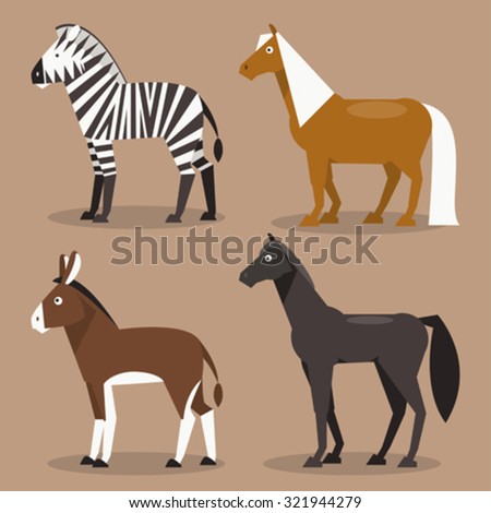 Illustration of different breeds of horses, zebras, ponies and a donkey