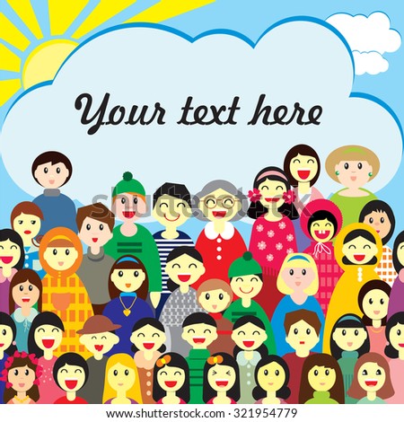Vector design  template of  invitation, or greeting card,  ad and other. A crowd of happy people (may be this is a collectivity of school, camp, adoptive family, spectators) on a sky background