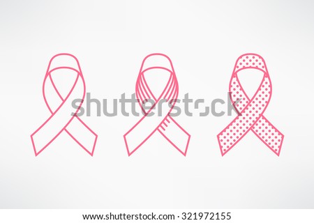 Elegant vector linear adjustable stroke pink ribbon icons set | Thin line breast cancer awareness pink ribbons in three different styles featuring halftone dot pattern