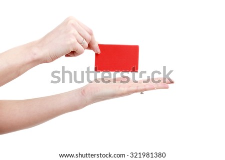 Hands and red plastic card, isolated on white background