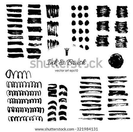 Grungy brush strokes, shapes set. Elements for design. Ink and paper drawings, painting. Vector black hand drawn stripes.