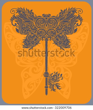 Vintage key in the patterns of the Baroque on orange