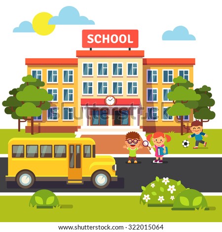 School building, bus and front yard with students children. Flat style vector illustration isolated on white background. Royalty-Free Stock Photo #322015064