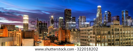 Historic Core and Financial District of Downtown Los Angeles on blue hour.  All building logos has been removed. 