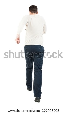 Back view of running man. Walking guy in motion. Rear view people collection. Backside view of person. Isolated over white background. Man escapes strides.